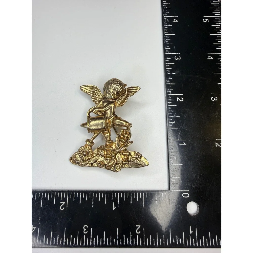 Gold Tone Cherub Angel Watering Flowers Brooch Pin Celestial Garden Jewelry